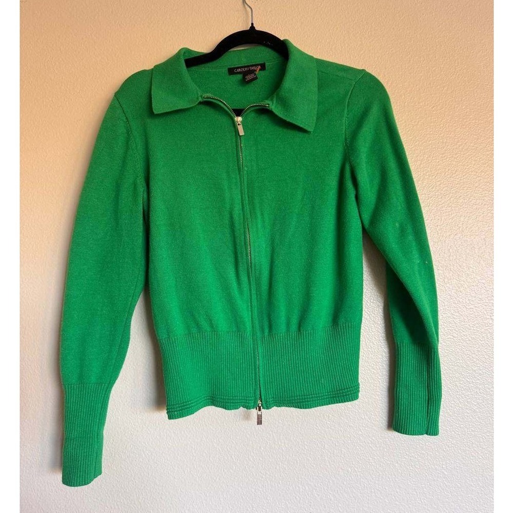 Carolyn Taylor Kelly Green Double Zip Sweater S Colorful Knit Clean Girl